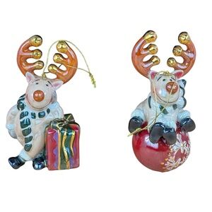 Kirkland Porcelain Ornament Set of 2 Festive Reindeer Christmas Ornaments